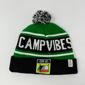 POLER Camp Vibes Beanie Hat Pom Made in USA Black Green Striped Camp Out Patch